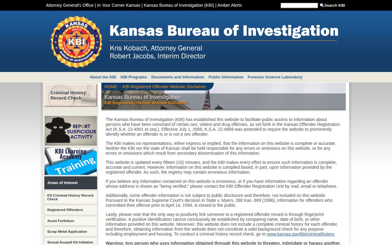 Kansas registry limits when checking Elk County released inmate records