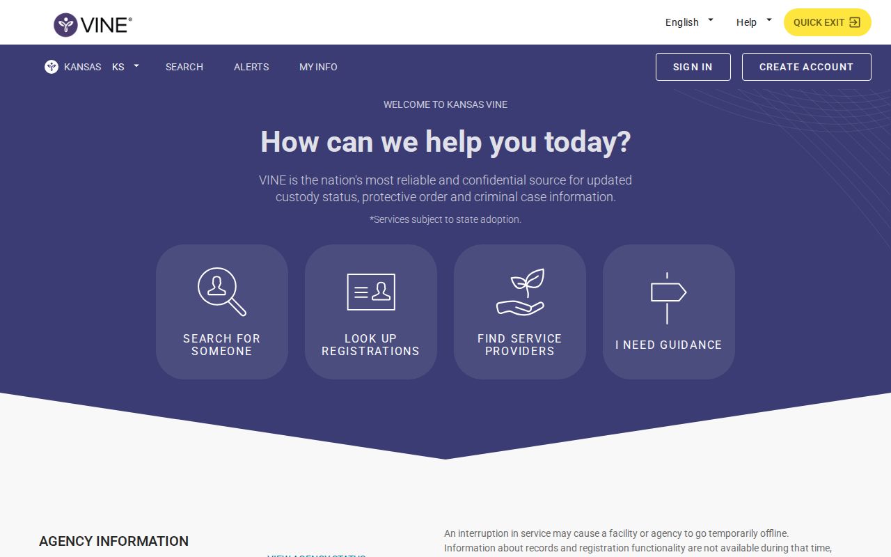 Kansas VINELink custody search landing screen